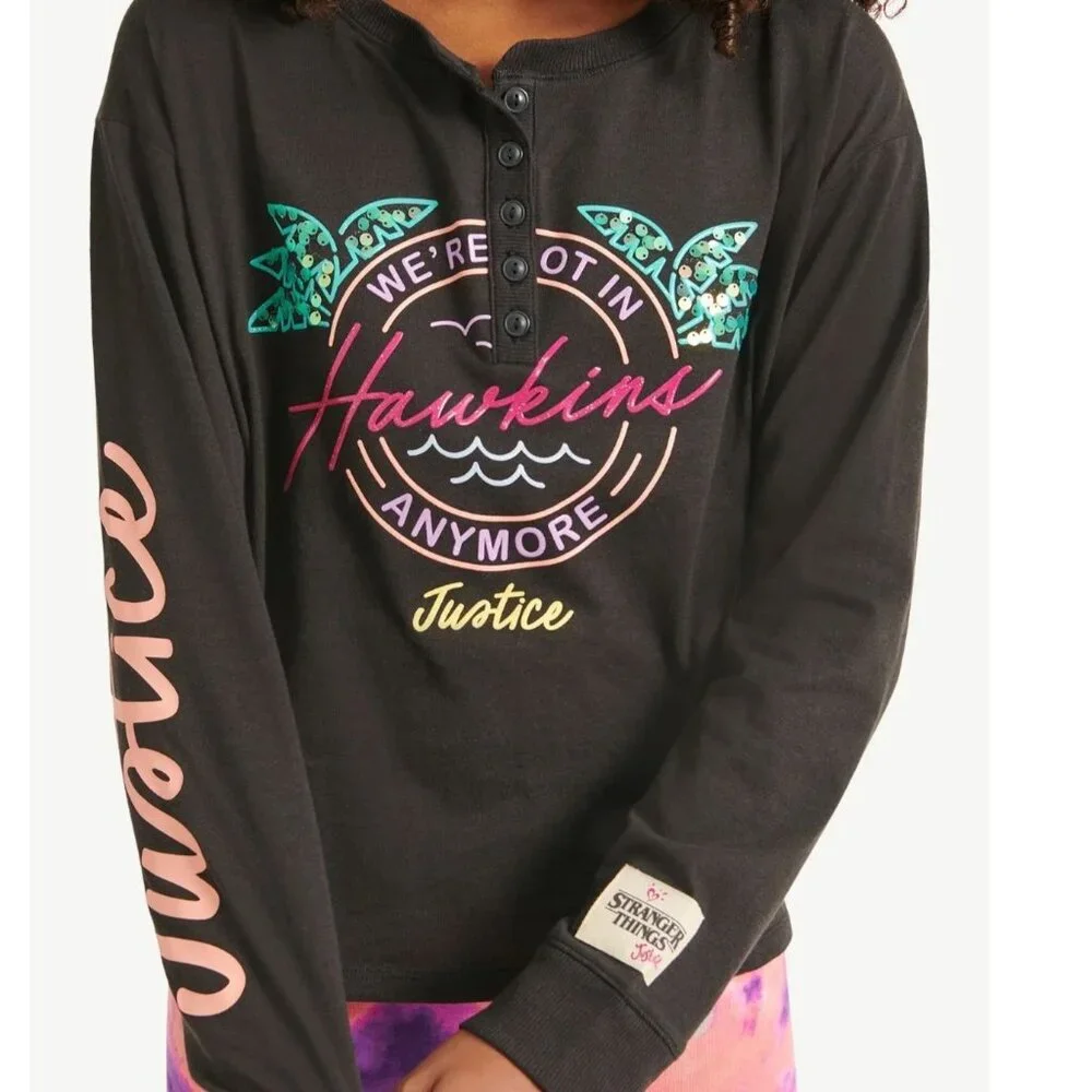 Justice Girls XS STRANGER THINGS Long Sleeve Black Henley Shirt SIZE 5-6 NEW